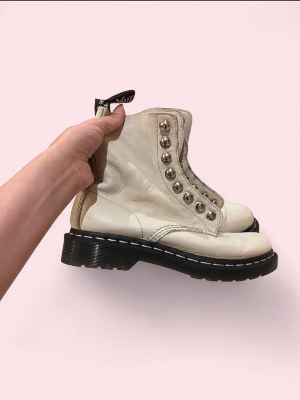 Dr. Martens White Leather Lace-Up Boots with Black Lug Sole